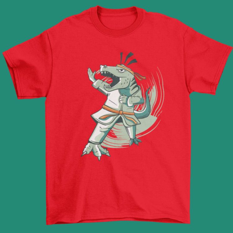 Red Tshirt with a Dinosaur doing Karate