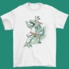 White Tshirt with a Dinosaur doing Karate