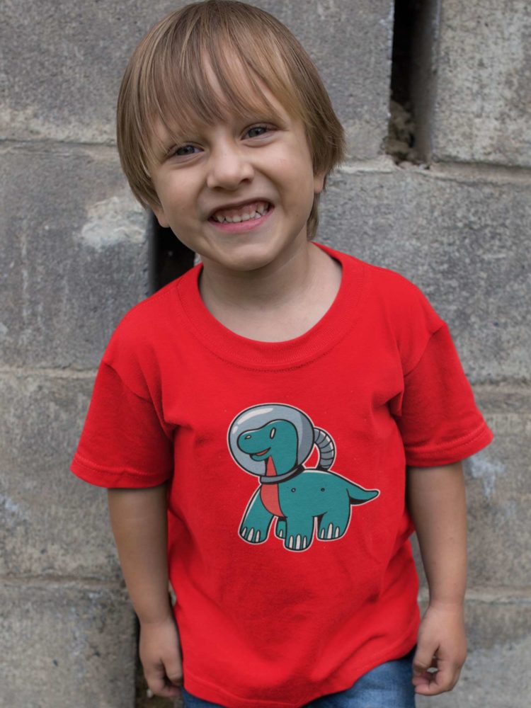 Cute boy wearing a Space Dino red tshirt