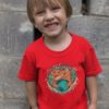 Cute Little Boy In a Red Be Happy Dino Tshirt
