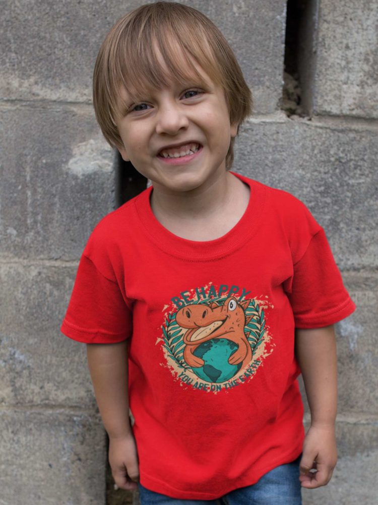 Cute Little Boy In a Red Be Happy Dino Tshirt