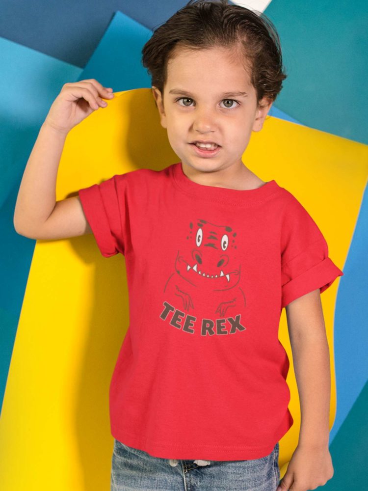 Cute Little Boy In A Red Tee Rex Tshirt