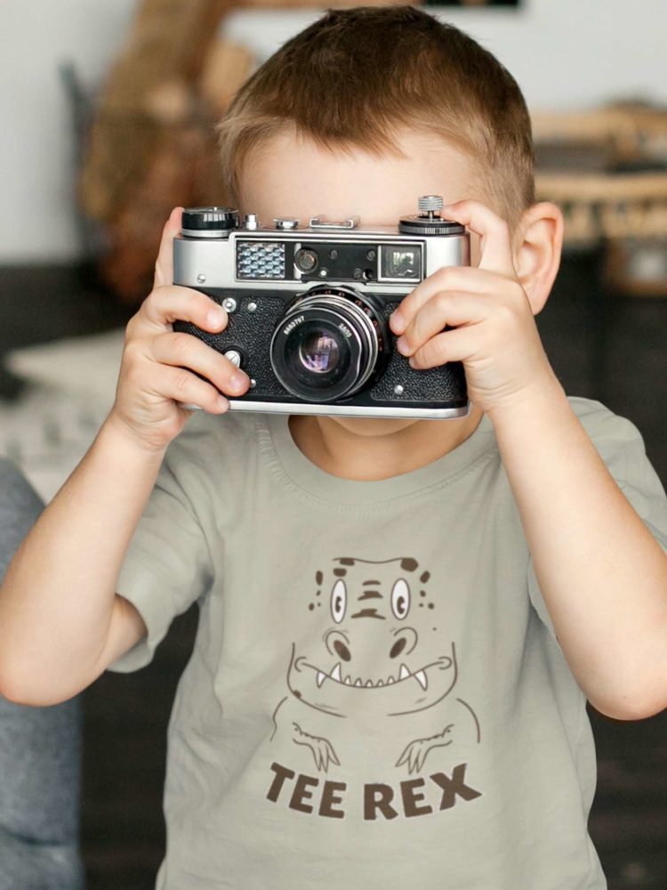 Cute Little Photographer In A Gray Tee Rex Tshirt
