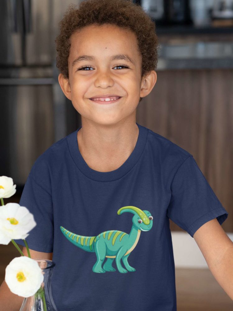 Boy In A Navy Blue Tshirt with a green dino