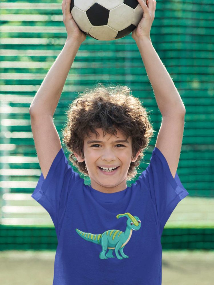 Boy Playing with Football In A Deep Blue Tshirt with a green dino