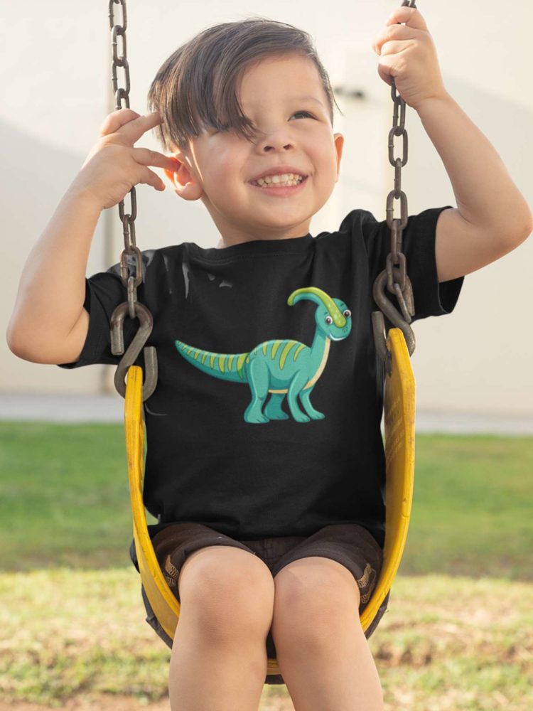 Sweet Little Boy in a black Tshirt with a green dino