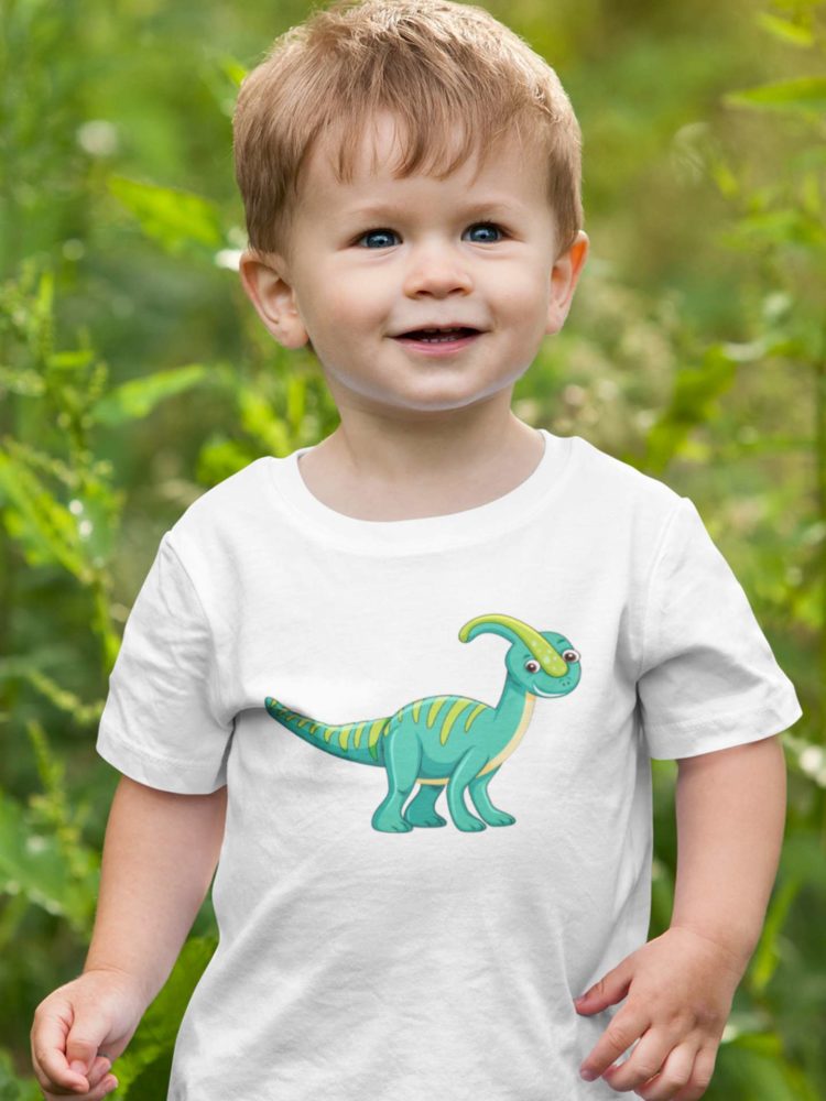 Sweet Little Boy in a white Tshirt with a green dino