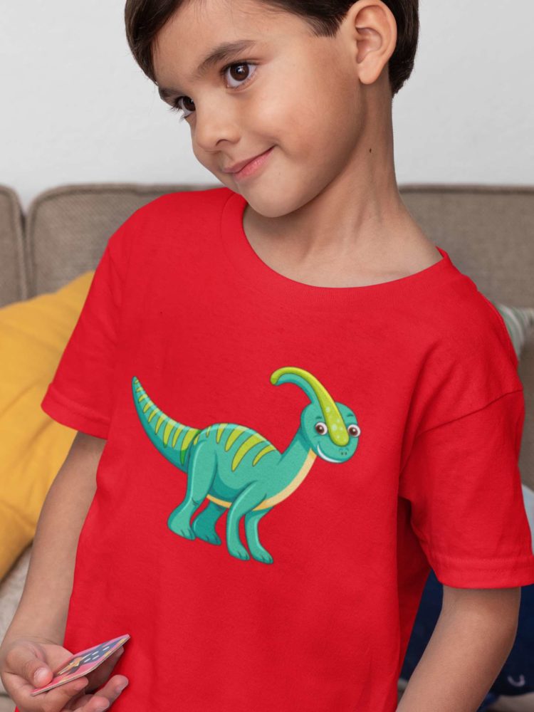 cute Boy In A red Tshirt with a green dino