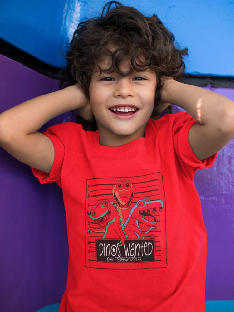 Cute Kid In A Dinos Wanted Red Tshirt